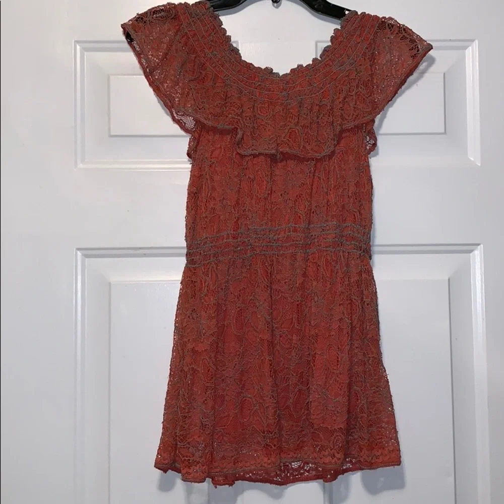 Mixture Lace Blouse Large Rust Orange Boho Off Shoulder Ruffle Top Feminine Chic - Picture 3 of 4